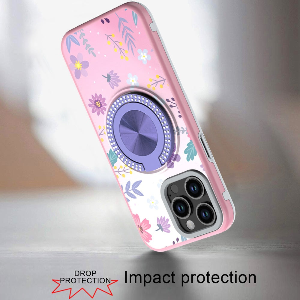 For Apple iPhone 15 Pro Max Pattern Design Hybrid with Invisible Ring Stand & Magnetic Back, Shockproof Protective Grip Case Cover