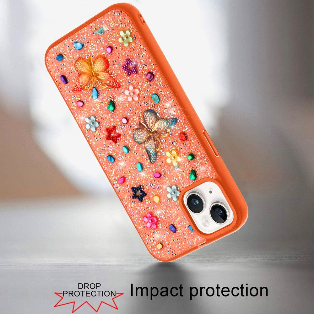 Phone Case for iPhone 15 (6.1") 3D Butterfly Diamond Bling Glitter Shockproof Stylish Protective Luxury Hybrid Sparkly Durable Grip Design Cover Cosmic Orange