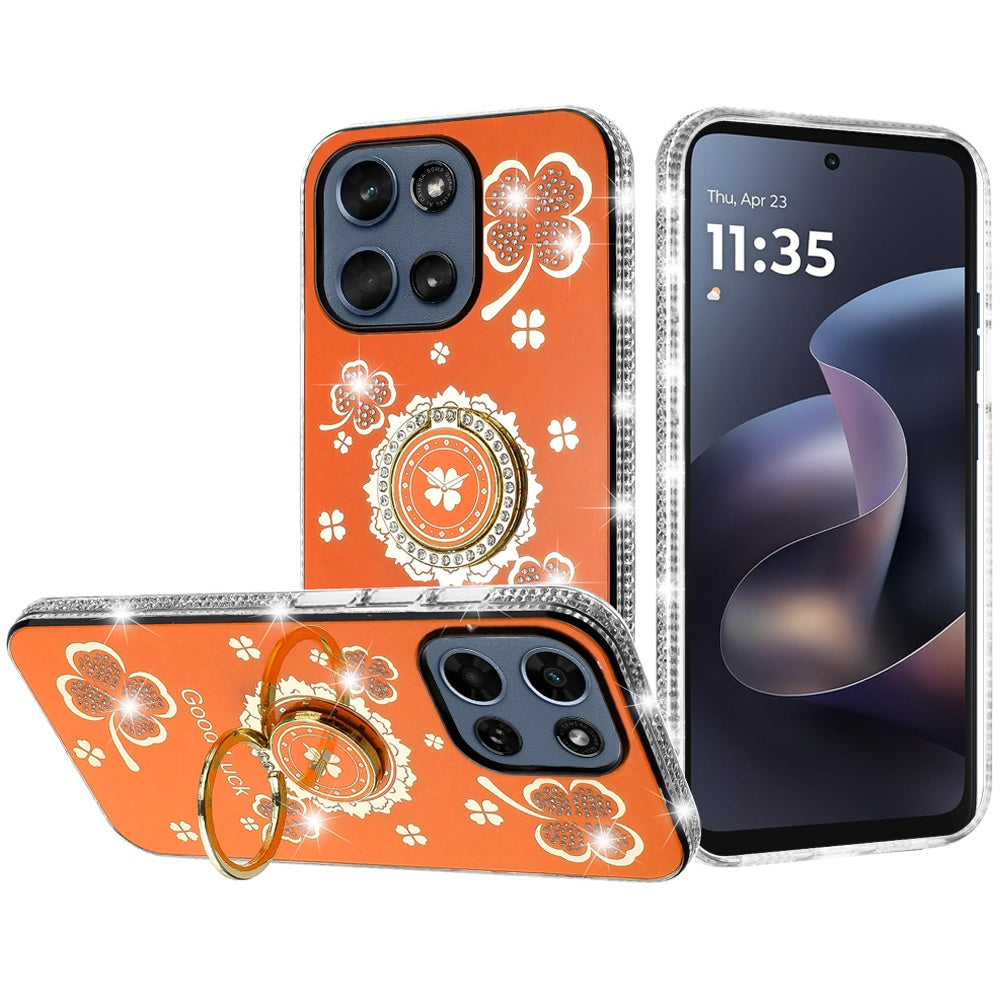 For Motorola Moto G 5G 2026/2025 Diamonds Bling All Around Edges Sparkly Glitter Hybrid with Ring Stand Holder Fashion Good Luck Case Cover Cosmic Orange