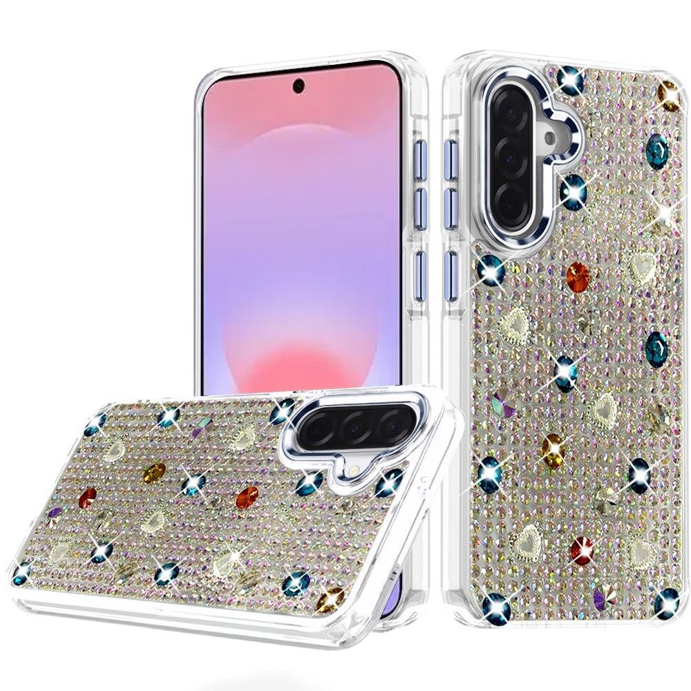 Phone Case for Samsung Galaxy A37 Chrome Fashion Hybrid Bling Diamond Heart Rhinestone Decorative Stones Sparkling Embellished Design Cover