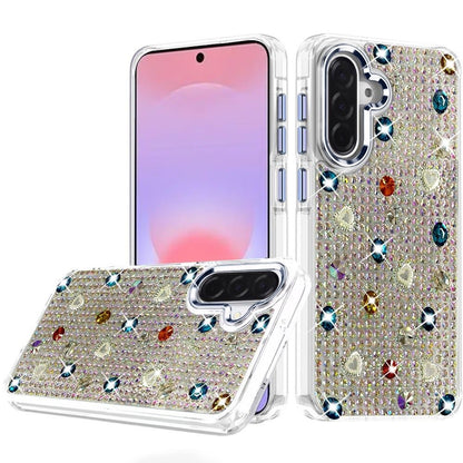 Phone Case for Samsung Galaxy A37 Chrome Fashion Hybrid Bling Diamond Heart Rhinestone Decorative Stones Sparkling Embellished Design Cover