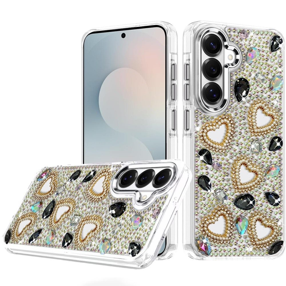 Phone Case for Galaxy S25 FE Fan Edition Luxury Crystal Heart Rhinestone Diamond Bling Shockproof Hybrid Glitter Protective Stylish Durable Grip Cover
