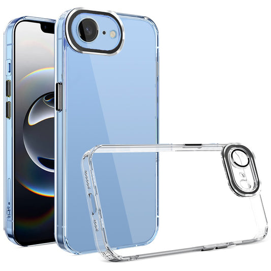 For Apple iPhone 17E /16E Transparent Clear Hybrid with Matching Metal Buttons and Camera Protection Hard PC + TPU Rubber Case Cover Black