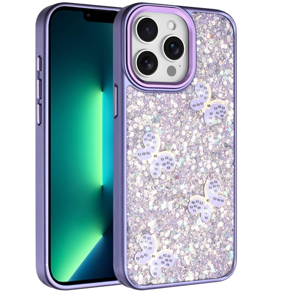 For Apple iPhone 13 Pro Max Cute Butterfly Crystal Diamond Glitter Case Sparkle Bling Frame Metallic Edges, Shimmer TPU Hybrid Case Cover Teal