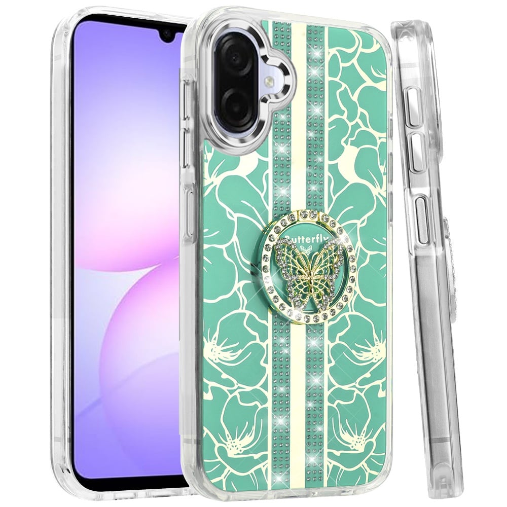 Phone Case Cover for Samsung Galaxy A07 4G Diamonds 3D Butterfly Floral Design Bling Sparkly Glitter Hybrid Metal Fashion with Ring Stand Cover