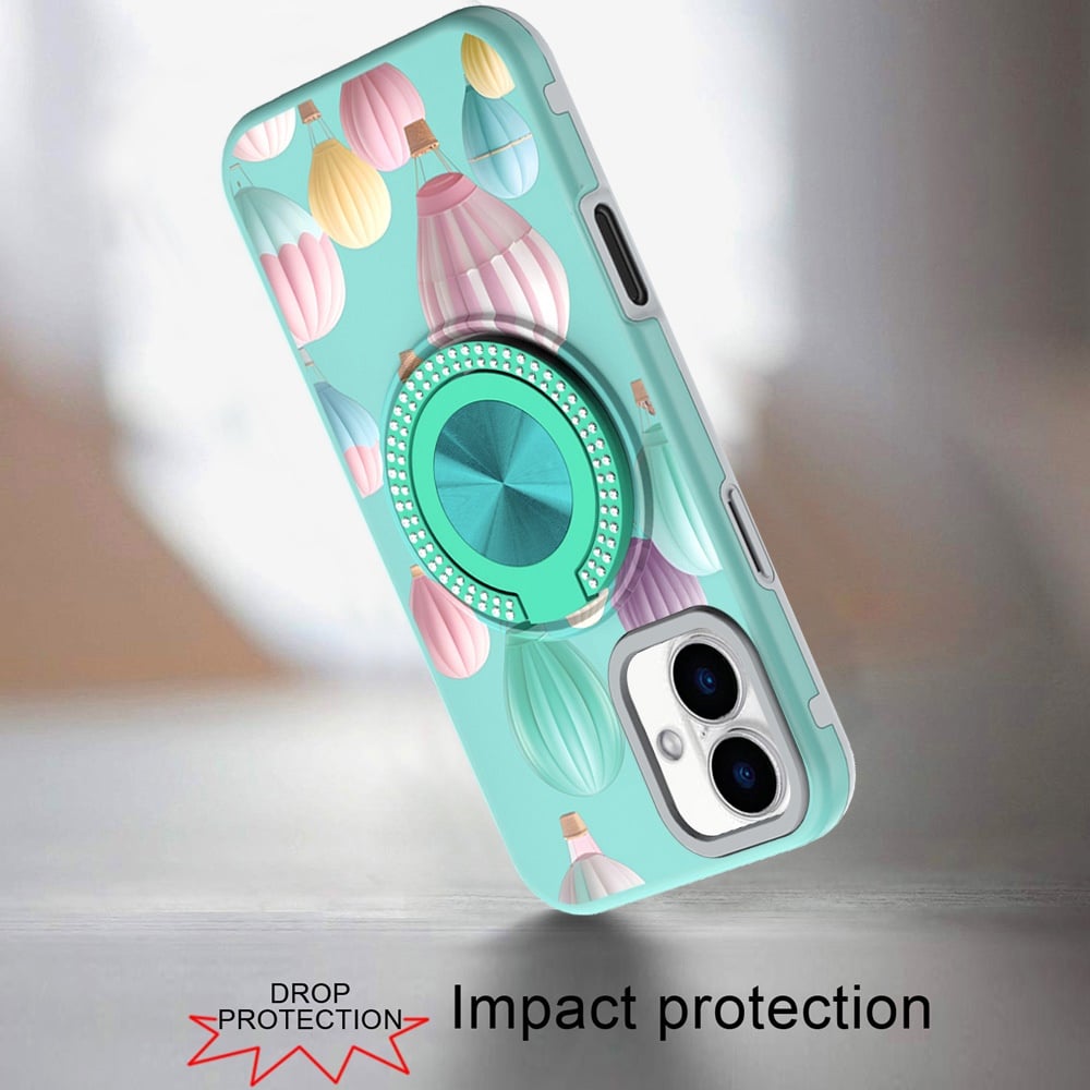 For Apple iPhone 16 Plus Pattern Design Hybrid with Invisible Ring Stand & Magnetic Back, Shockproof Protective Grip Case Cover Hot Air Balloon