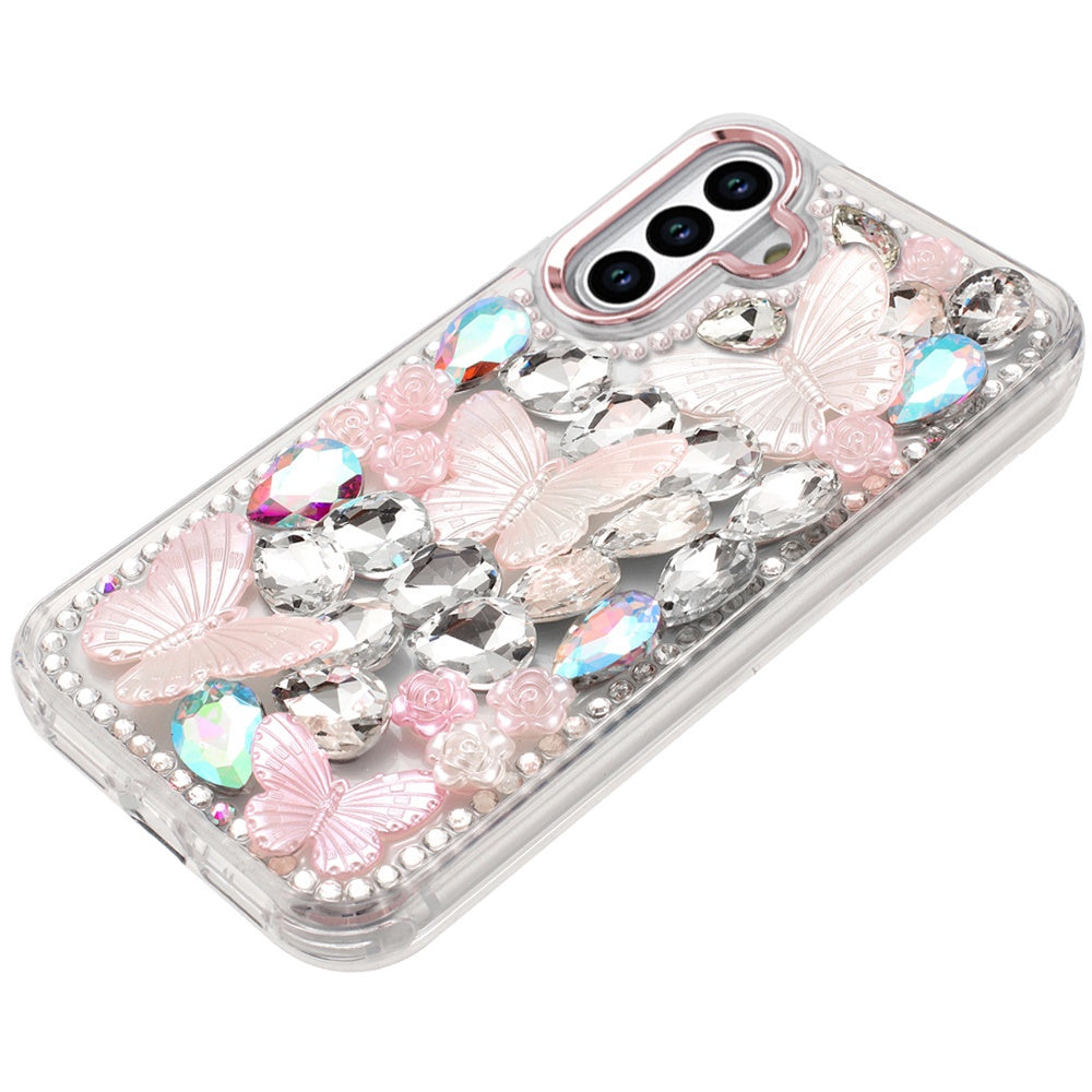 For Samsung Galaxy S25+ /S25 Plus /S24+ Plus 3D Diamond Floral Butterfly Bling Stone Hybrid, Sparkly Rhinestone Gemstone Back Shockproof Case Cover