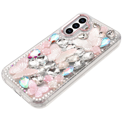 For Samsung Galaxy S23 3D Diamond Floral Butterfly Bling Stone Hybrid, Sparkly Rhinestone Gemstone Back Shockproof Case Cover