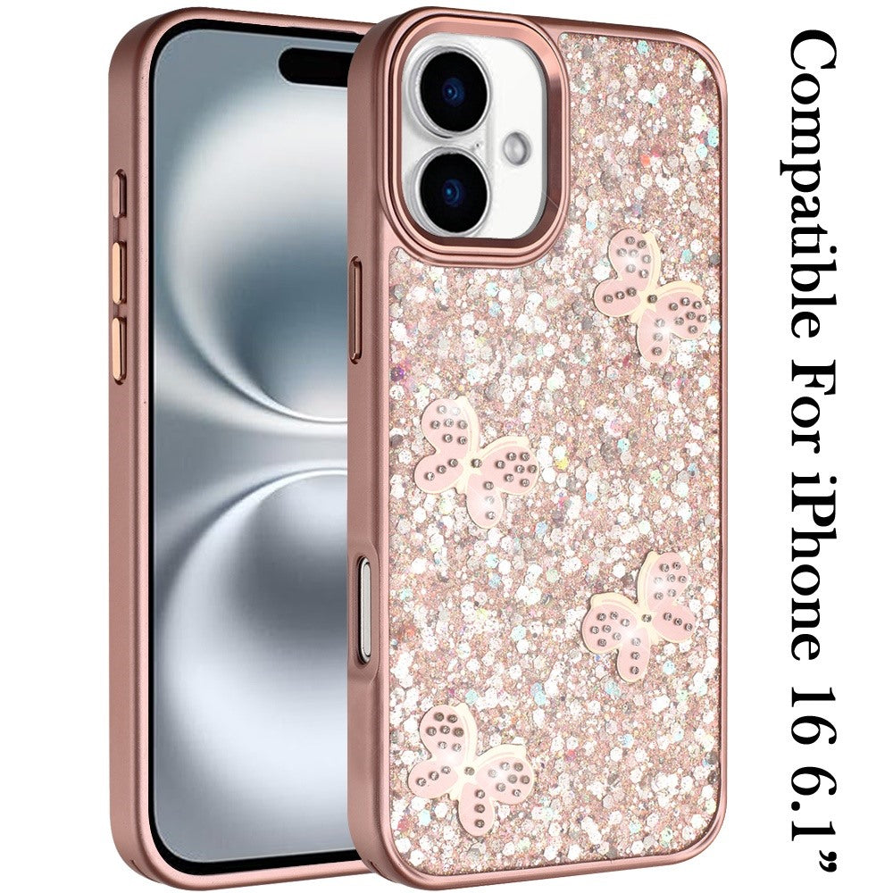 For iPhone 16 (6.1") Cute Butterfly Crystal Diamond Glitter Case Sparkle Bling Frame Metallic Edges, Shimmer TPU Hybrid Case Cover