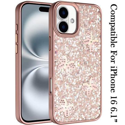 For iPhone 16 (6.1") Cute Butterfly Crystal Diamond Glitter Case Sparkle Bling Frame Metallic Edges, Shimmer TPU Hybrid Case Cover