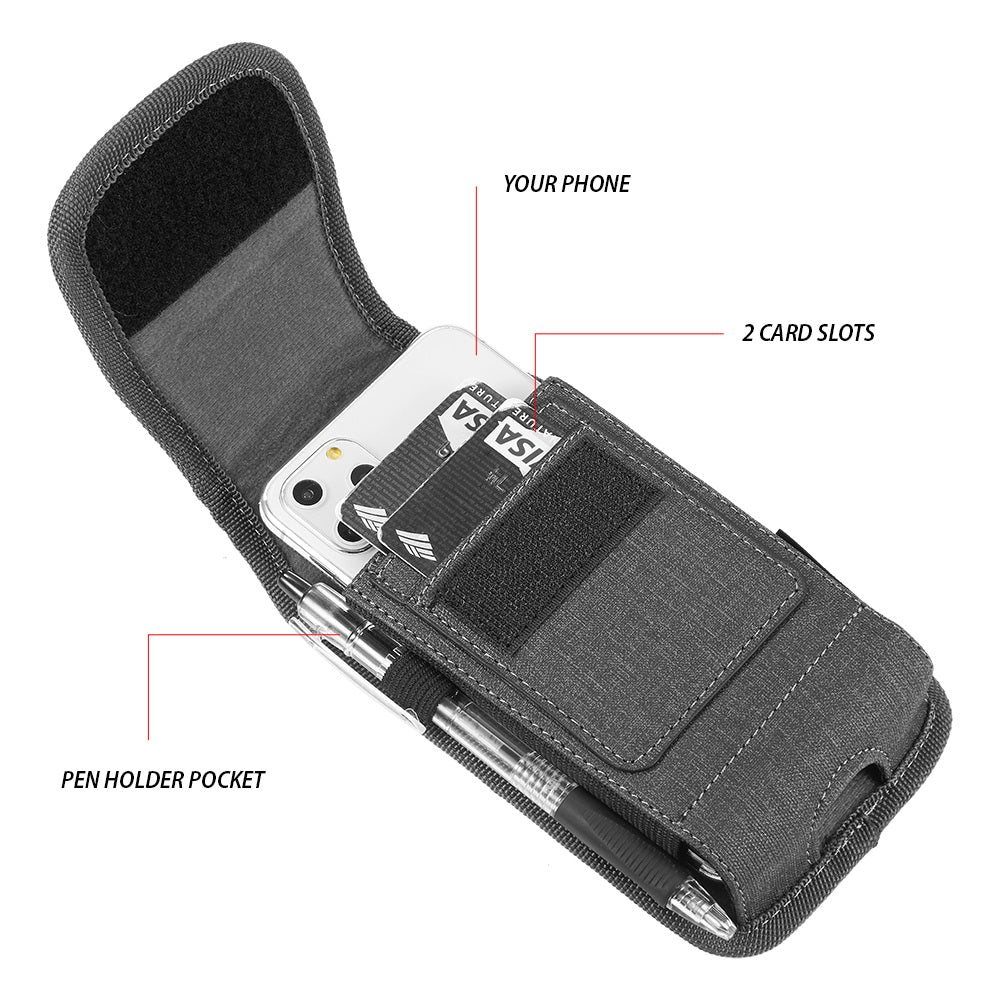 For Apple iPhone 16 Pro (6.3") Universal Vertical Fabric Case Holster with Dual Credit Card Slots, Belt Loop & Carabiner Carrying Phone Pouch [Black]