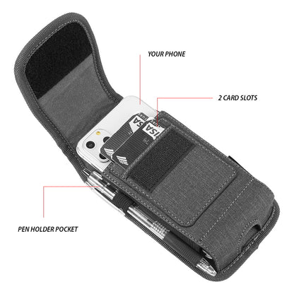 For Apple iPhone 16 Pro (6.3") Universal Vertical Fabric Case Holster with Dual Credit Card Slots, Belt Loop & Carabiner Carrying Phone Pouch [Black]