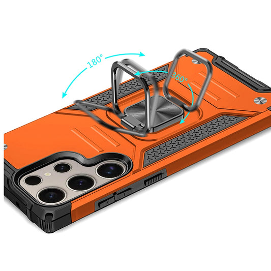 For Samsung Galaxy S25 Ultra Armor Hybrid Magnetic Stand with Ring Holder Kickstand Shockproof Heavy-Duty Durable Rugged TPU Dual Layer Case Cover Cosmic Orange