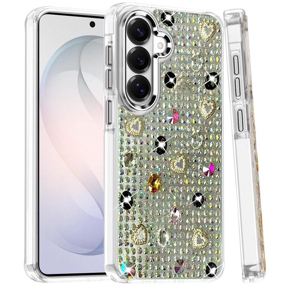 Phone Case for Samsung Galaxy S26 FE /Fan Edition Chrome Fashion Hybrid Bling Diamond Heart Rhinestone Decorative Stones Sparkling Embellished Design Cover