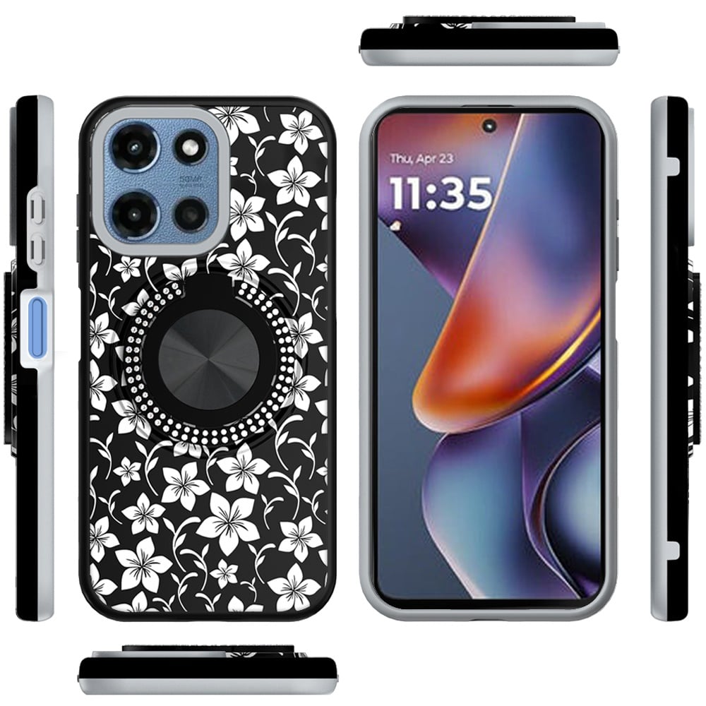Phone Case for Motorola Moto G Play 5G 2026 Magnetic Ring Stand Matte Metal Hybrid Car Mount Friendly Shockproof Rotational Grip Diamond Design Pattern Cover Classic Floral