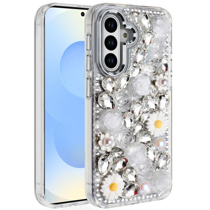 For Samsung Galaxy S25 Plus /S25+ /S24/Plus Fashion Daisy Floral Series, Full 3D Bling Crystal Diamonds Sparkling Rhinestone Glitter Hybrid Design Case Cover