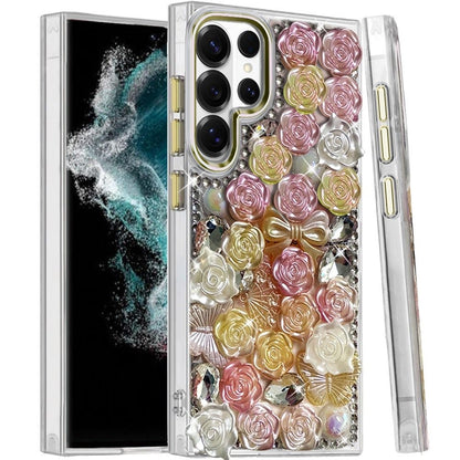 Phone Case for Galaxy S22 Ultra 3D Flower Bling Rhinestone Glitter Cute Stylish Shockproof Protective Decorative Luxury Grip Stones Ornaments Cover