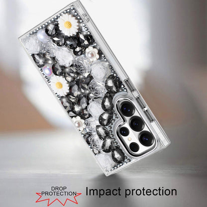Phone Case for Samsung Galaxy S24 Ultra Full Bling Rhinestone Glitter Floral Luxury Hybrid Shockproof Stylish Sparkling Protective Designer Ornament Cover