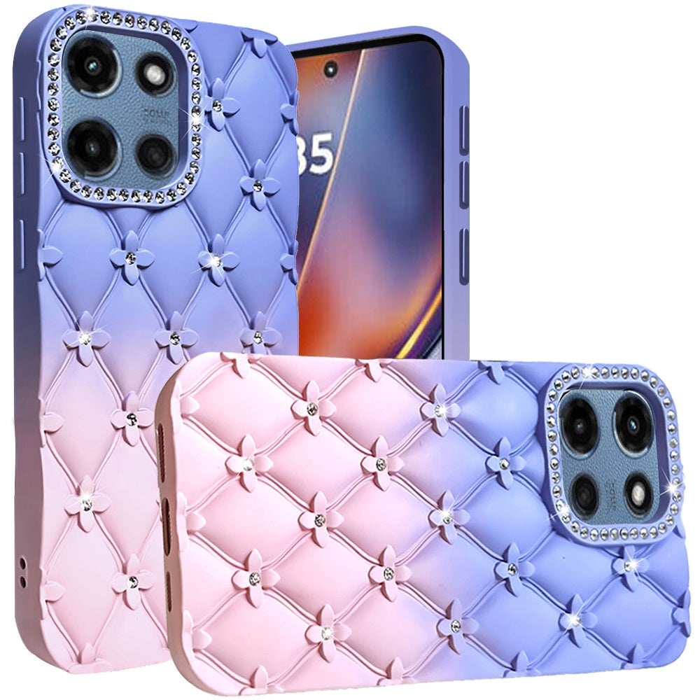 For Motorola Moto G 5G 2025 Fashion Flower Design Sparkle Glitter Shimmer Rhinestone Bling Floral Accents, Leather Texture TPU Case Cover