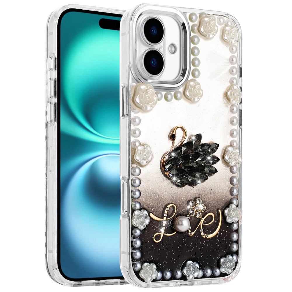 For Apple iPhone 17 (6.3") Bling Fashion Design with 3D Pearls Epoxy Glitter Ornaments Chrome Edge Hard Slim PC Case Cover
