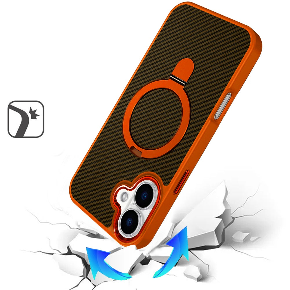 Phone Case for Apple iPhone 17 Carbon Fiber Magnetic Ring Stand Hybrid Shockproof AntiSlip Grip Kickstand Military Drop Protection Matte Finish Cover Cosmic Orange