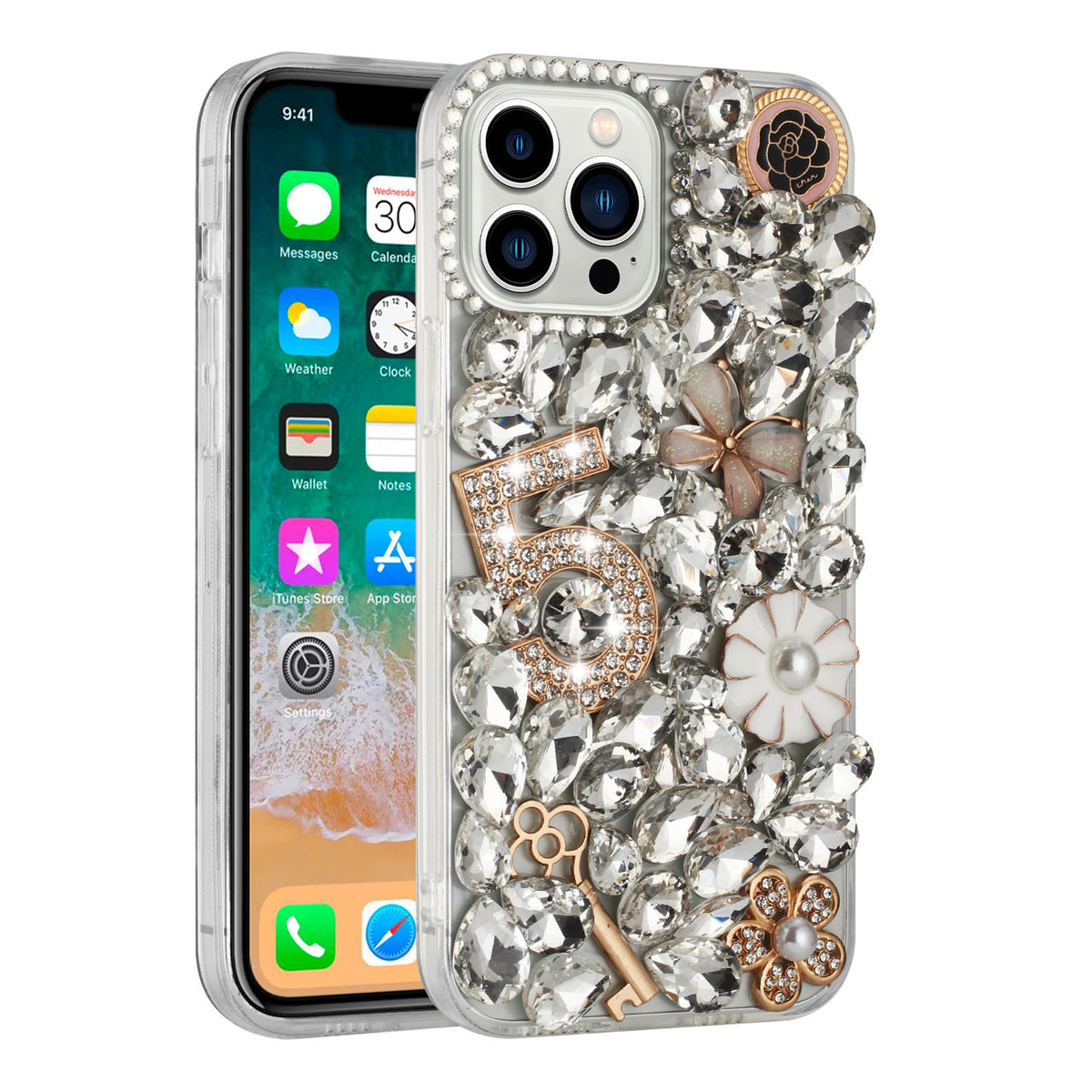 Phone Case for iPhone 15 Luxury Full Diamond Glitter 3D Floral Ornament Hybrid Shockproof Stylish Rhinestone Designer Protective Elegant Cover