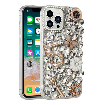 Phone Case for iPhone 15 Luxury Full Diamond Glitter 3D Floral Ornament Hybrid Shockproof Stylish Rhinestone Designer Protective Elegant Cover