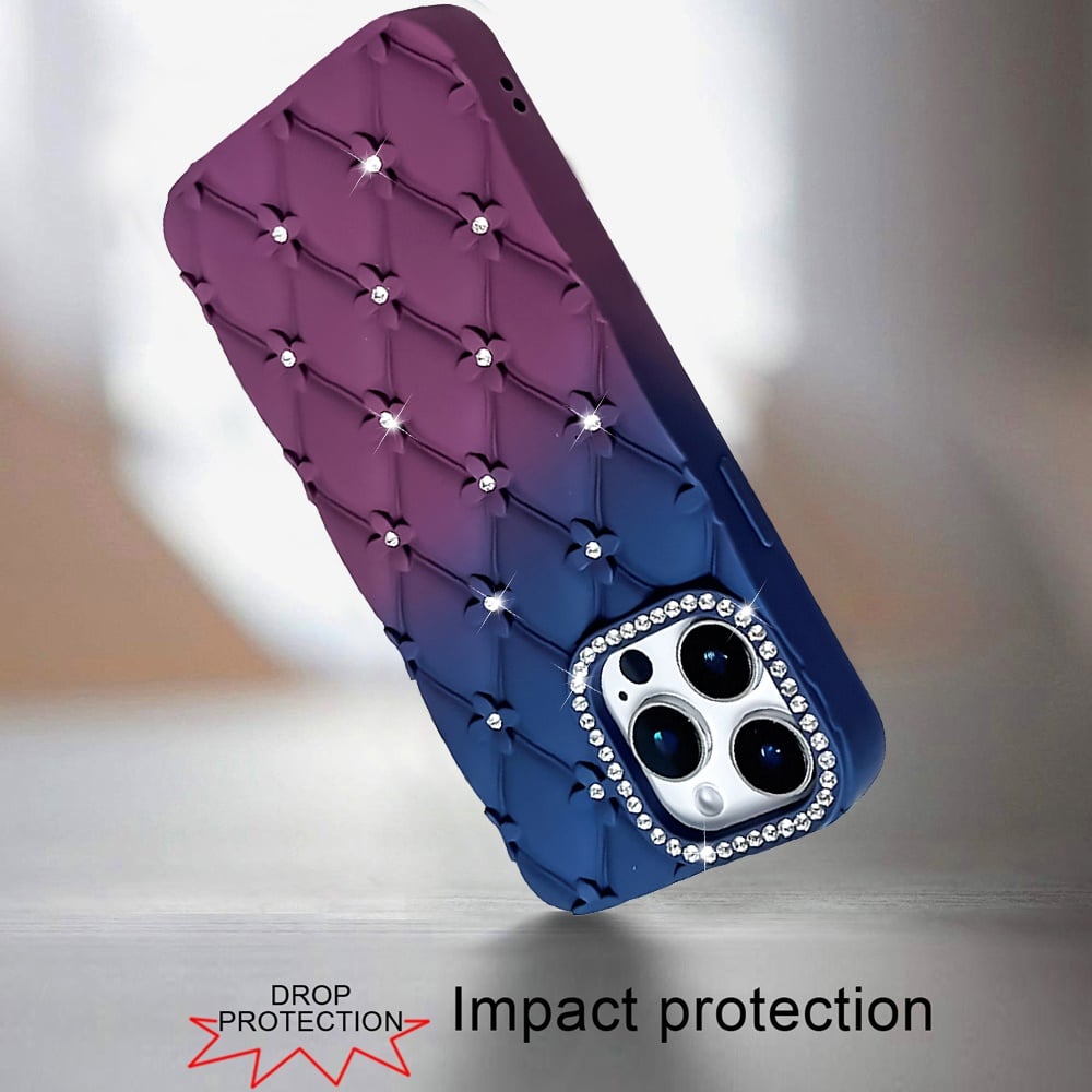 For Apple iPhone 12 Pro Max Fashion Flower Design Sparkle Glitter Shimmer Rhinestone Bling Floral Accents, Leather Texture TPU Case Cover