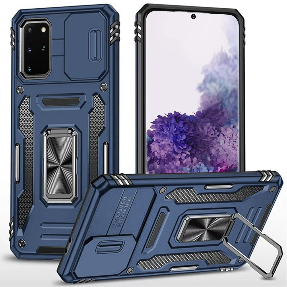 For Samsung Galaxy S20+ Plus Tough Hybrid Case with Movable Camera Window & Metal Ring Stand Shockproof Case Cover