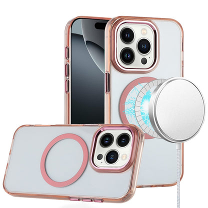 For iPhone 16 Pro Max (6.9") Transparent Back Hybrid Case - Magnetic Circle, Color Frame, Metal Buttons, MagSafe Compatible Protector