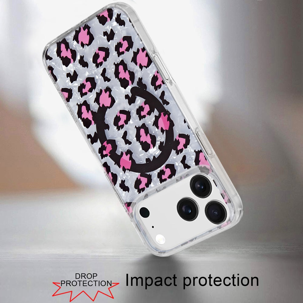 For Apple iPhone 17 Pro Stylish Pattern Fashion IMD Printed Design TPU Double Layer Slim Shockproof with Magnetic Back Case Cover Pink Leopard Skin