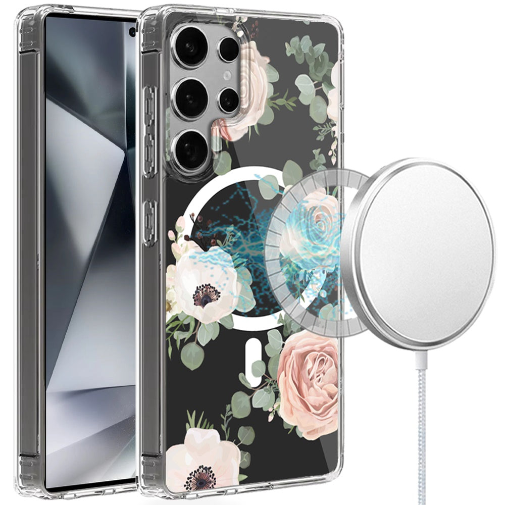 For Samsung Galaxy S25 Ultra Hybrid Flower Design Stylish Fashion Case, MagSafe Compatible, Thick Shockproof Hard PC Case Cover