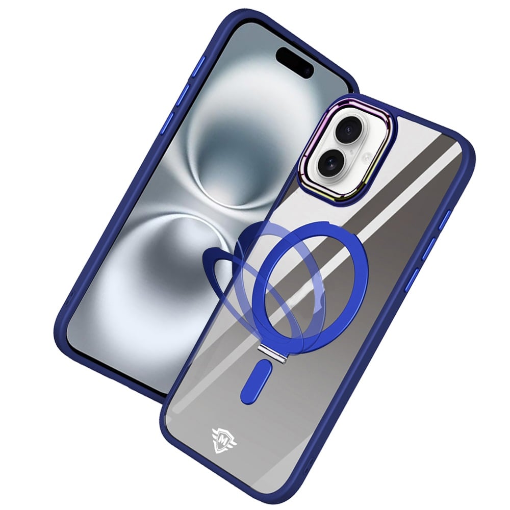 For Apple iPhone 16 Plus Magnetic Ring Stand Hybrid MagSafe Compatible Shockproof Protection Transparent Back Alloy Chrome Grip Case Cover Dark Purple