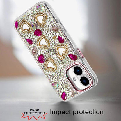 Phone Case for Apple iPhone 17 (6.3") Luxury Crystal Heart Rhinestone Diamond Bling Shockproof Hybrid Glitter Protective Stylish Durable Grip Cover Pink