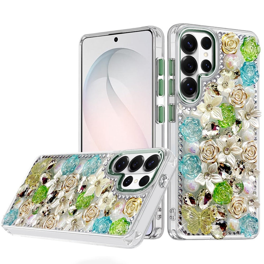 For Samsung Galaxy S26 Ultra 3D Diamond Floral Roses Flower Bling Stone Hybrid, Sparkly Rhinestone Gemstone Back Shockproof Case Cover