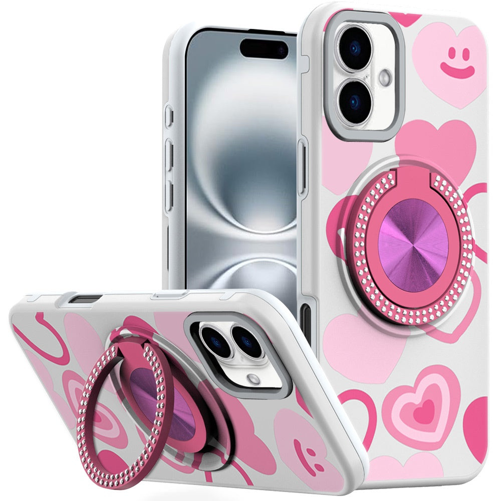 Phone Case for Apple iPhone 16 Plus Magnetic Ring Stand Matte Metal Hybrid Car Mount Friendly Shockproof Rotational Grip Diamond Design Pattern Cover Red