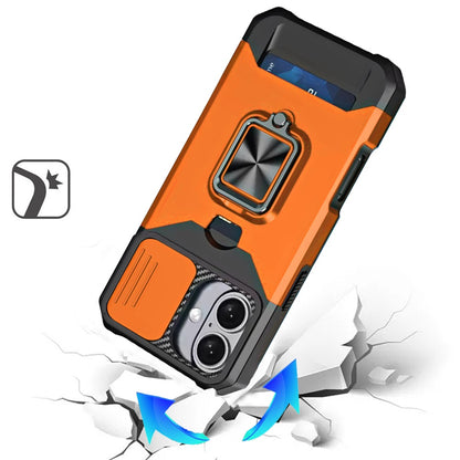 For Apple iPhone 17 (6.3") Wallet Case with Ring Stand & Slide Camera Cover Back Credit Card Slot Holder, Military Grade Case Cover