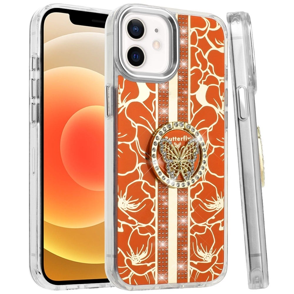 For iPhone 15 Plus (6.7") Diamonds 3D Butterfly Floral Design Bling Sparkly Glitter Hybrid Metal Fashion with Ring Stand Case Cover Cosmic Orange