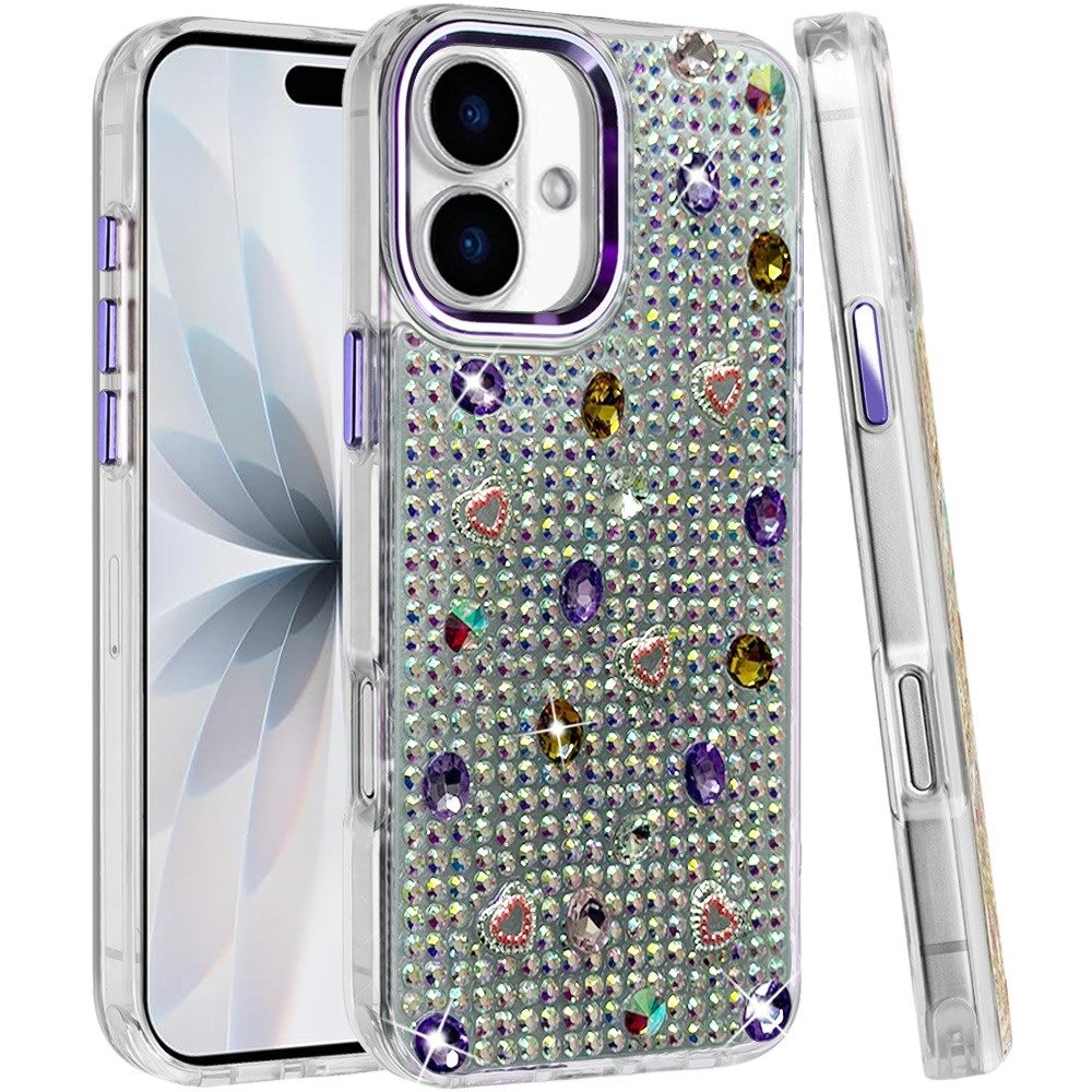 Phone Case for Apple iPhone 18 Chrome Fashion Hybrid Bling Diamond Heart Rhinestone Decorative Stones Sparkling Embellished Design Cover