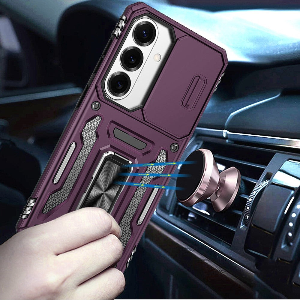 Phone Case for Samsung Galaxy S26 Tough Metal Ring Shockproof Sliding Camera Window Hybrid Armor Rugged Anti Slip Heavy Duty Grip Cover Purple
