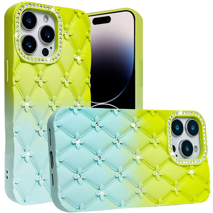 For Apple iPhone 16 Pro (6.3") Fashion Flower Design Sparkle Glitter Shimmer Rhinestone Bling Leather Feel Thick TPU Rubber Hard PC Case Cover