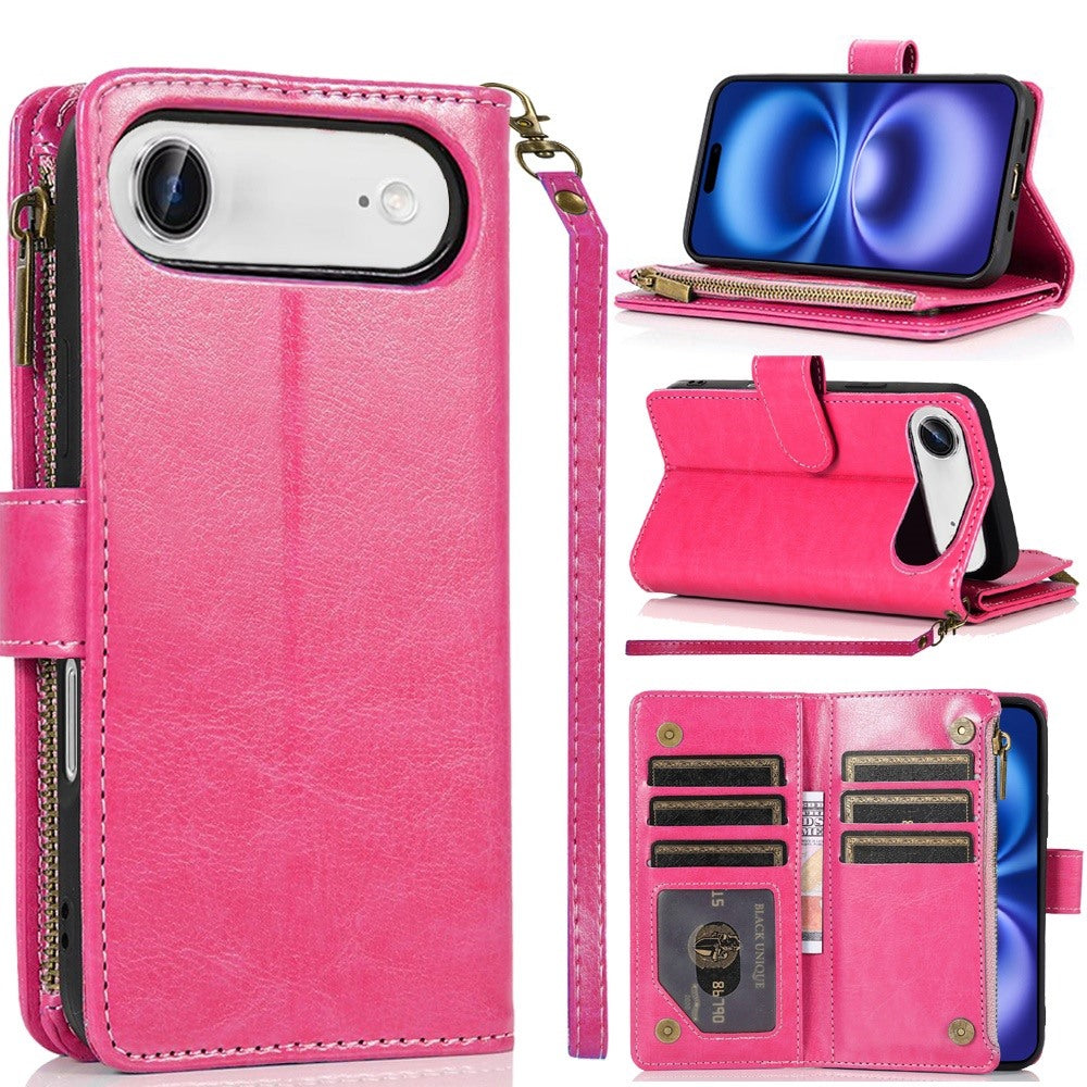 For Apple iPhone 17 Air (6.6") Leather Wallet Case with Zipper, 9 Card Slots, Cash Pocket, Stand & Strap, Clutch Pouch Design Case Cover