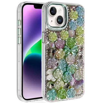 Phone Case for Apple iPhone 14/13 3D Flower Bling Rhinestone Glitter Cute Stylish Shockproof Protective Decorative Luxury Grip Stones Ornaments Cover Green