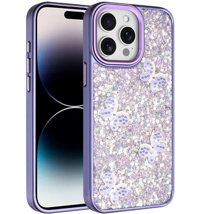 For iPhone 14 Pro Max (6.7") Cute Butterfly Crystal Diamond Glitter Case Sparkle Bling Frame Metallic Edges, Shimmer TPU Hybrid Case Cover