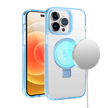 For Apple iPhone 17E /16E Transparent Magnetic Ring Circle Stand with MagSafe Compatible Hybrid Dotted Edged Hard PC Shockproof Case Cover Light Blue
