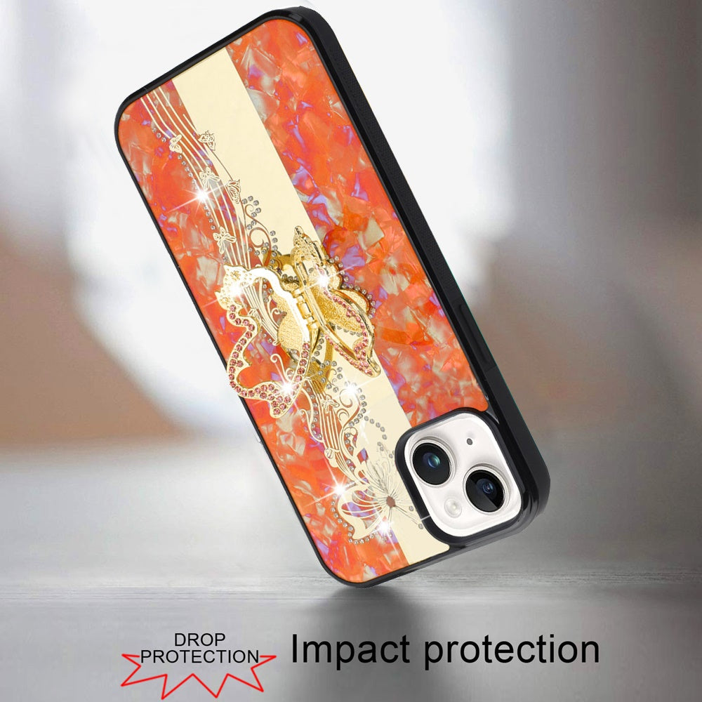 Phone Case for Apple iPhone 14/13 Diamond 3D Fashion Floral Glitter Engraved Luxury Bling Hybrid Shockproof Chrome Edge Protective Grip Cover Enchanted Butterfly Cosmic Orange