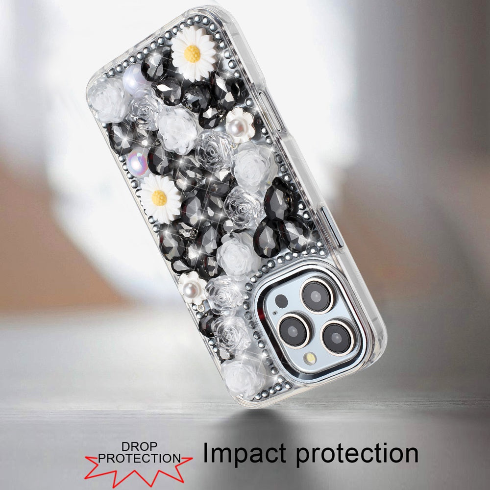 Phone Case for Apple iPhone 16 Pro Max Full Bling Rhinestone Glitter Floral Luxury Hybrid Shockproof Stylish Sparkling Protective Designer Ornament Cover