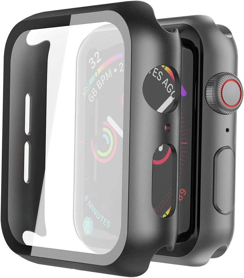 For Apple Watch Size 42mm Hard PC Electroplate Frame Face Full Coverage Protective with Tempered Glass Screen Protector Case Cover Black