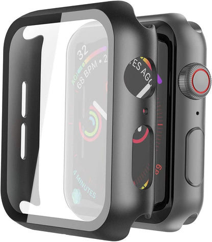 For Apple Watch Size 42mm Hard PC Electroplate Frame Face Full Coverage Protective with Tempered Glass Screen Protector Case Cover Black