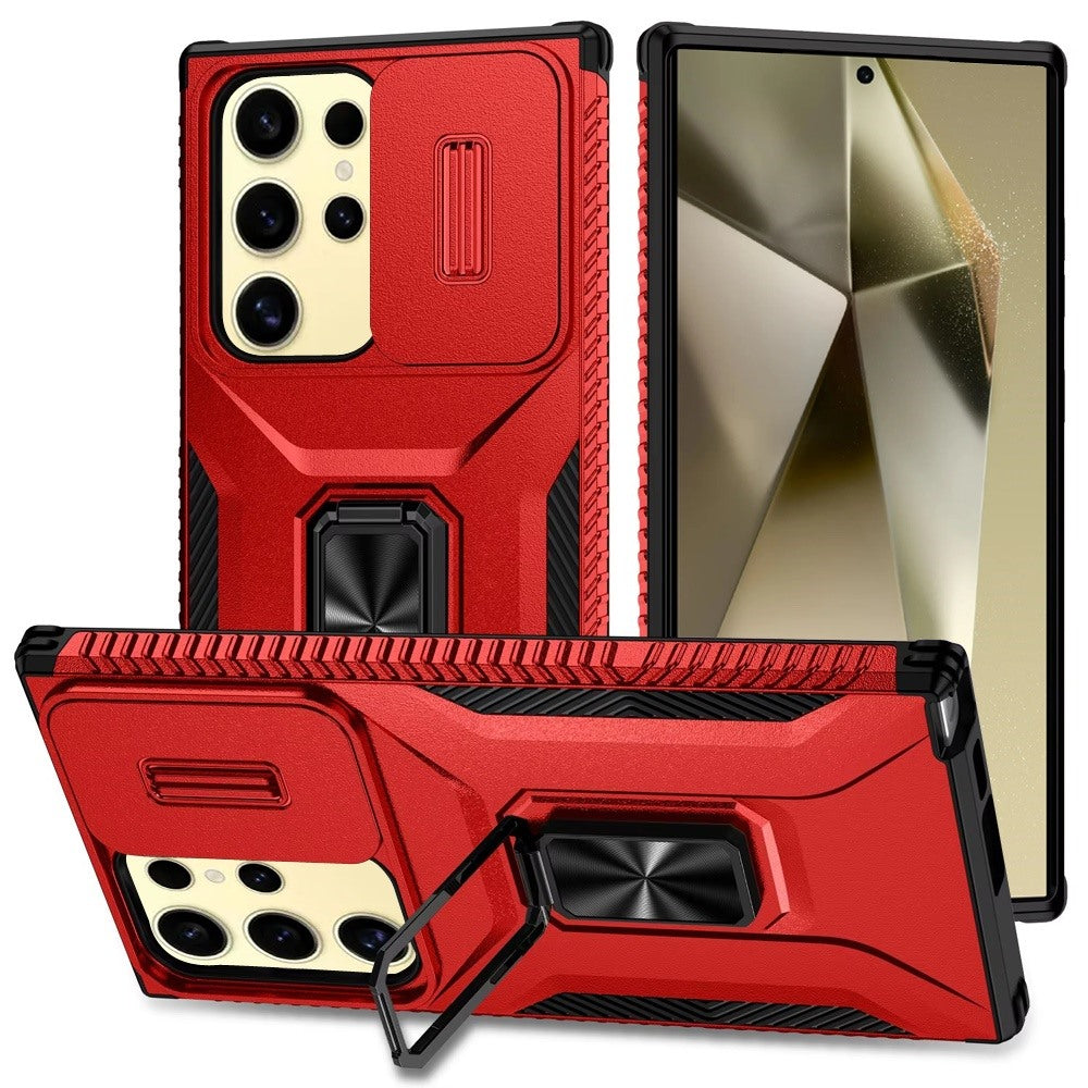 For Samsung Galaxy S23 Ultra Case, Camera Cover with Magnetic Rotation Ring Stand, Military Grade Hybrid Hard TPU Shockproof Case Cover Red